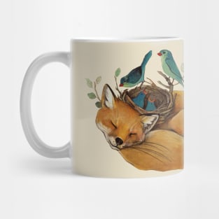 Sleeping fox and blue birds nest Mug